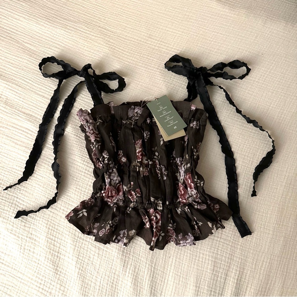 NEW H&M Brock Collection Women’s Brown Floral Tie Bow Top, Small